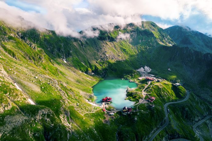 aerial drone view balea lake resort romania