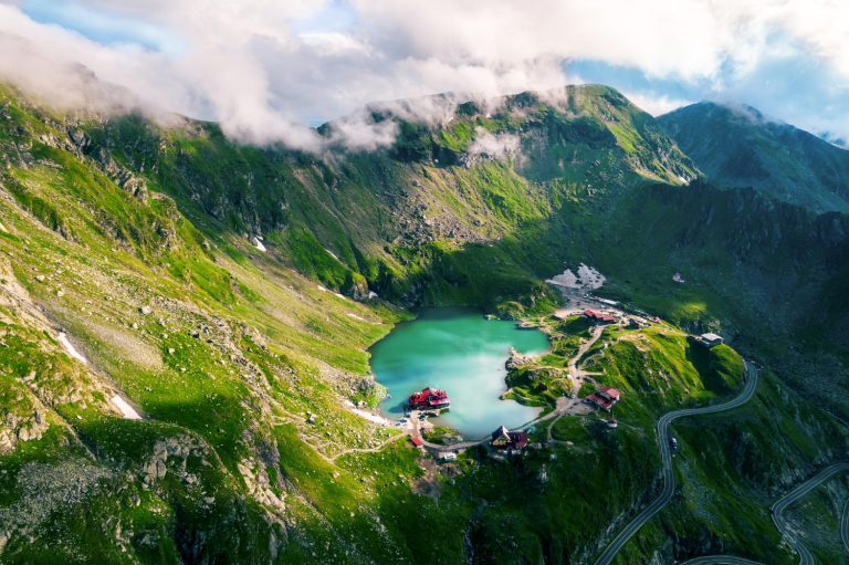 aerial drone view balea lake resort romania