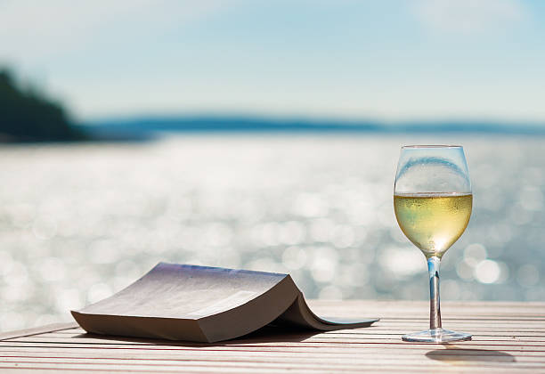 a glass of white wine in front of a book by the glittering sea