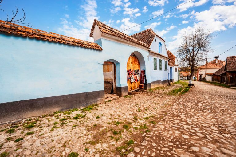 viscri romania blue old painted traditional house from viscri village transylvania german saxon community unesco