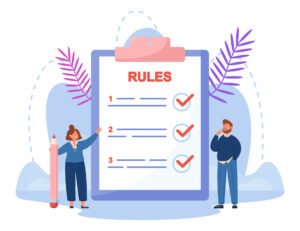 tiny business people reading list of rules